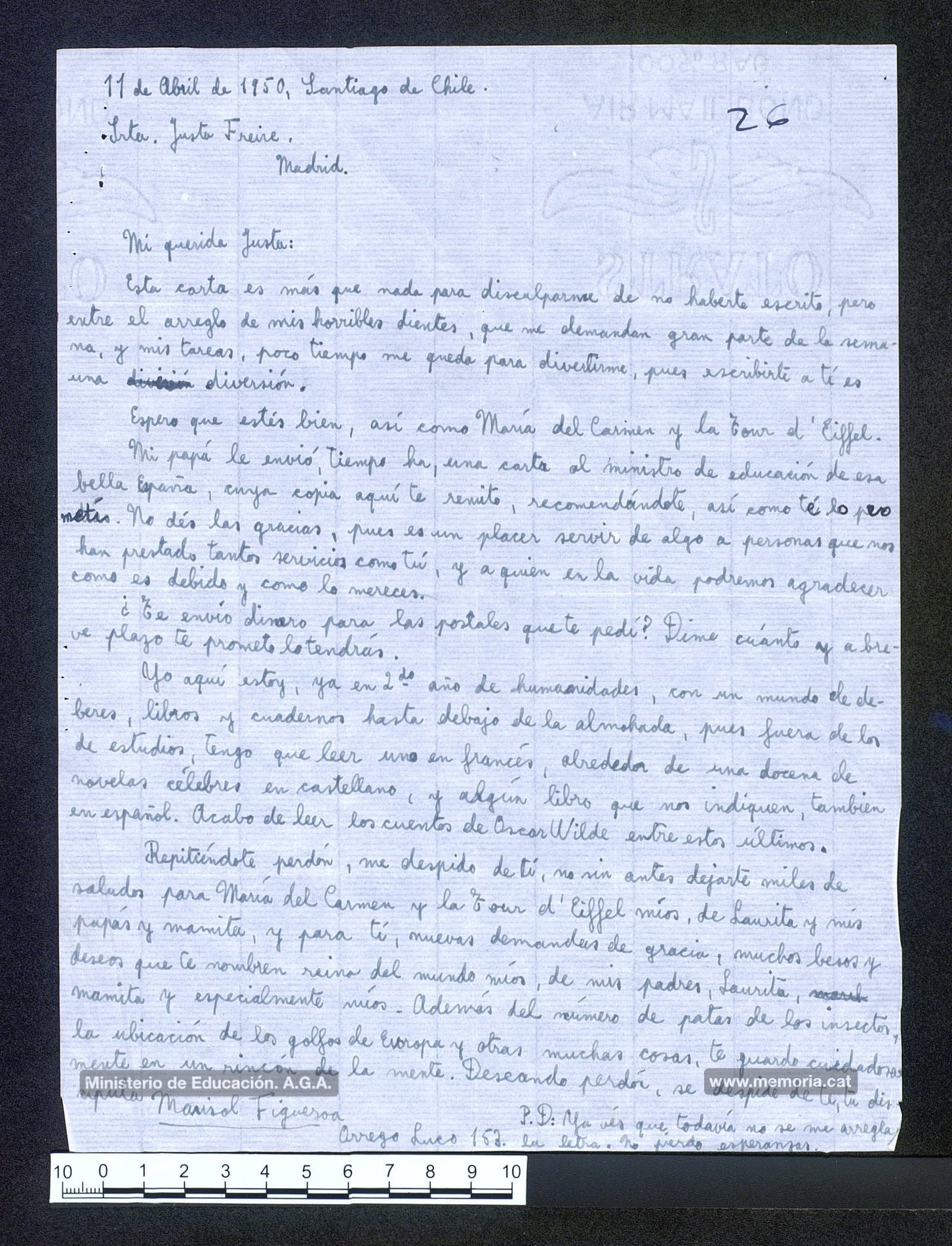 11/4/1950: carta de Marisol Figueroa a la seva exmestra Justa Freire on li adjunta la missiva que el seu pare, Hernán Figueroa, exambaixador de Xile a Espanya, va enviar al ministre d’Educació (vegi’s document següent). “… es un placer servir de algo a personas que nos han prestado tantos servicios como tú, y a quien en la vida podremos agradecer como es debido y como lo mereces” li diu. (Archivo General de la Administración).