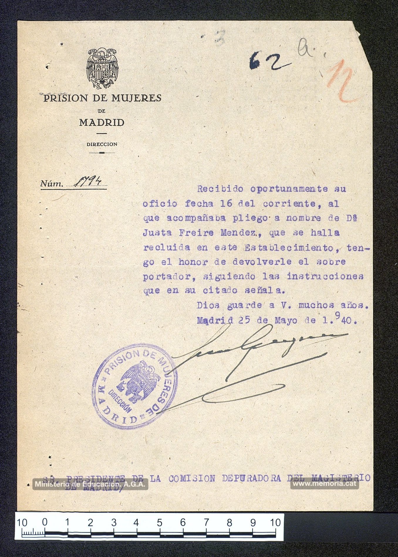 25/5/1940: document que acredita l’estada de Justa Freire a la Prisión de Mujeres de Madrid. (Archivo General de la Administración).