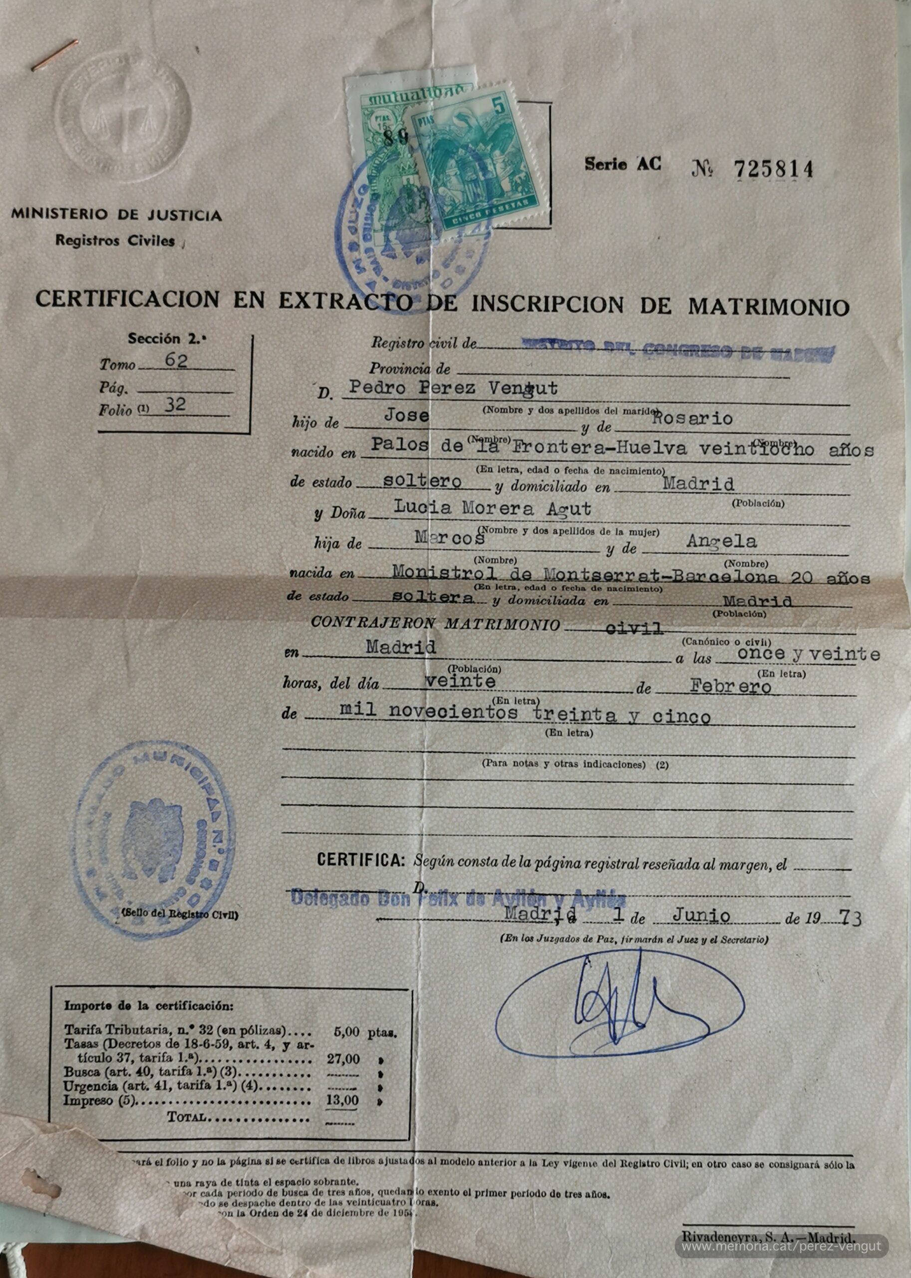 Certificat de matrimoni de Pedro Pérez Vengut i Llúcia Morera Agut. (Col·lecció familiar).