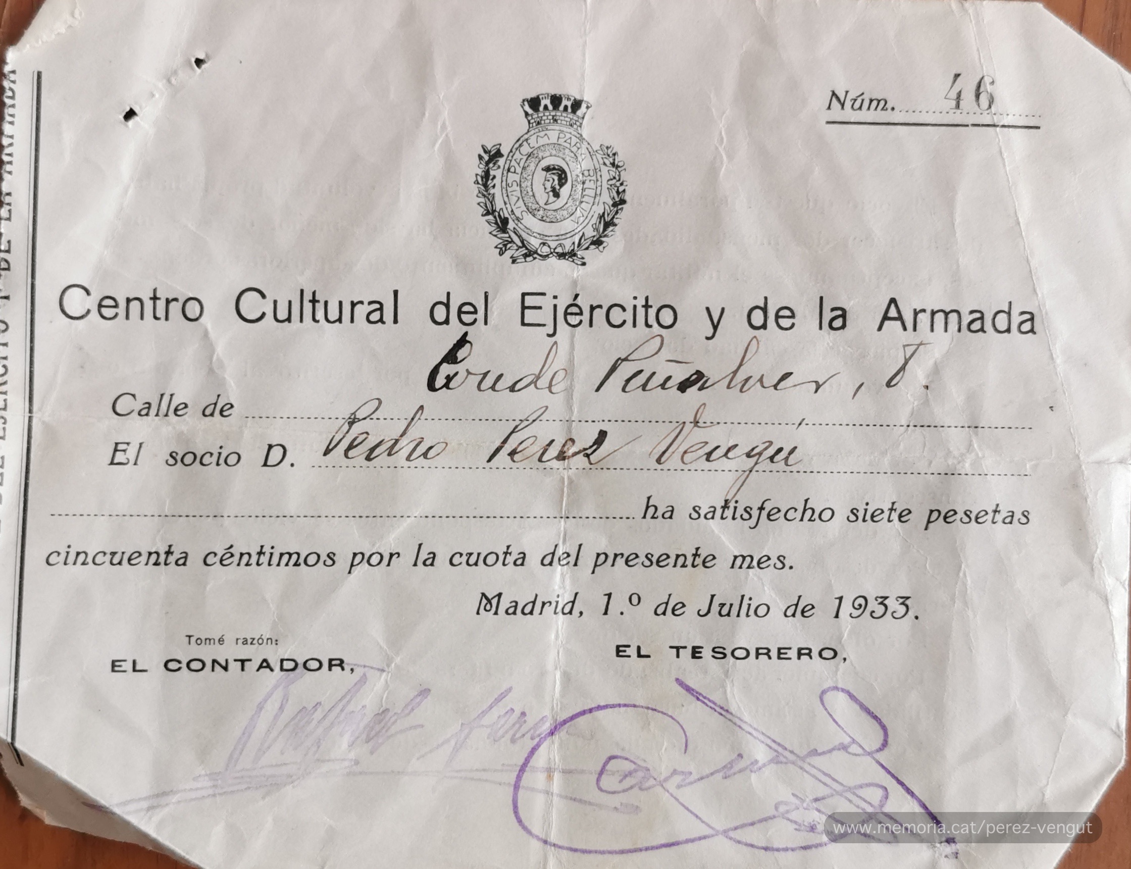 1 de juliol de 1933. Rebut a nom de Pedro Pérez de la quota de soci del Centro Cultural del Ejército y de la Armada de Madrid. (Col·lecció familiar).