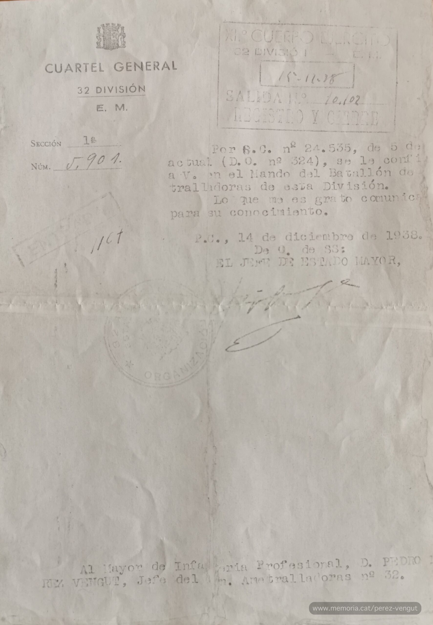 14 de desembre de 1938. Ordre per la qual es confia a Pedro Pérez Vengut el comandament d’un batalló de metralladores. (Col·lecció familiar).