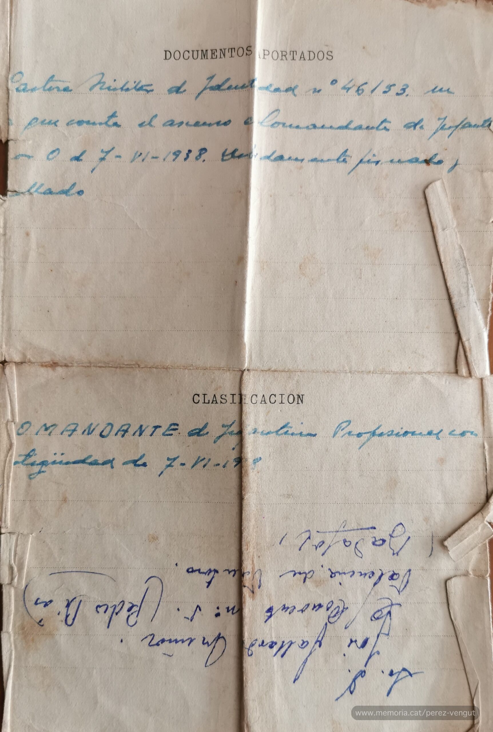 29 de juny de 1946. Escrit del ministeri de Defensa de la República a l’exili al “Comandante de Infantería don Pedro Pérez Vengut”, conforme s’ha acceptat la documentació presentada a efectes censals. (Col·lecció familiar).