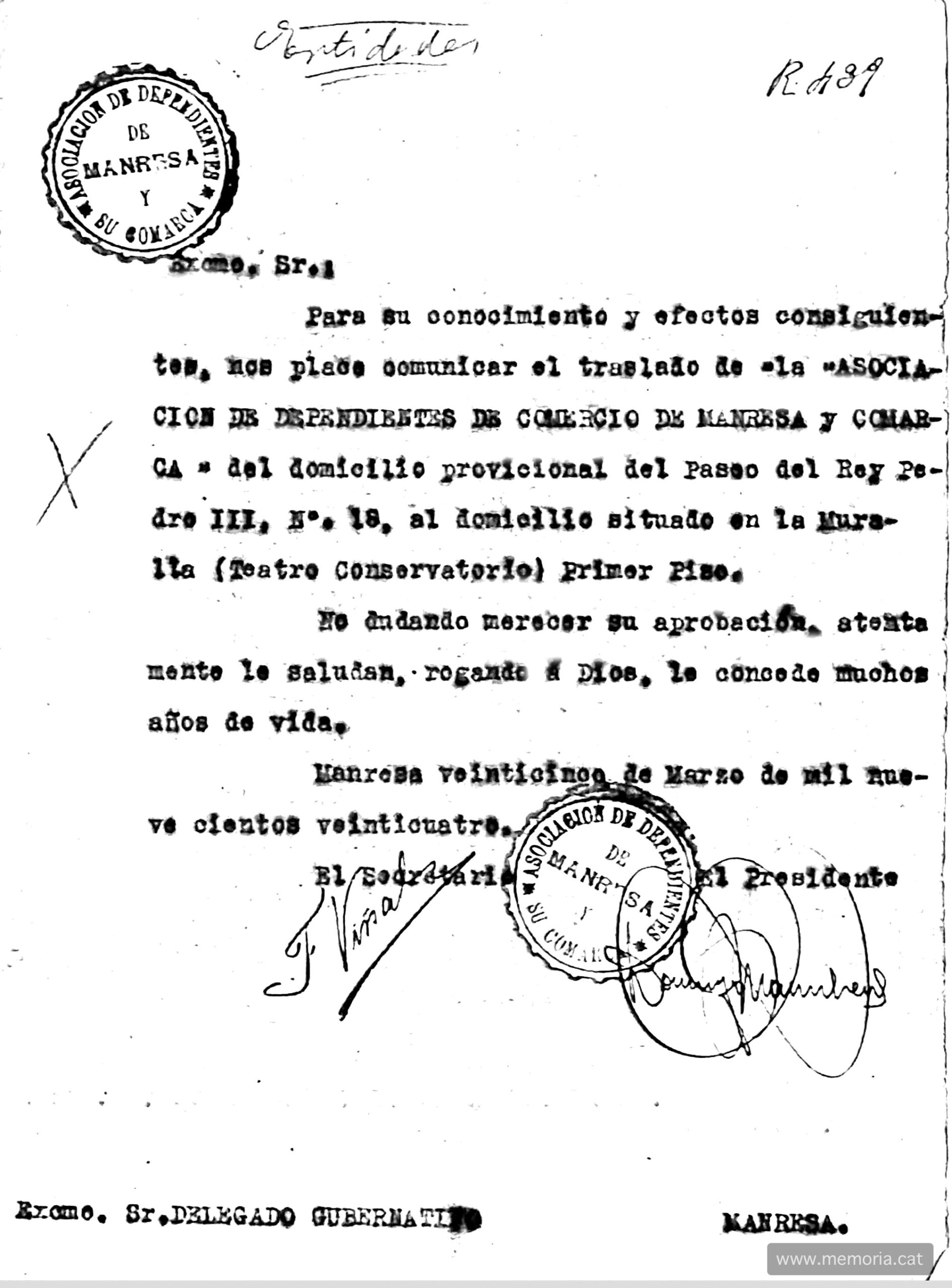 Comunicació al delegat governatiu del canvi de domicili social de l’ADCI amb data de 24 de març de 1924. (ACBG)