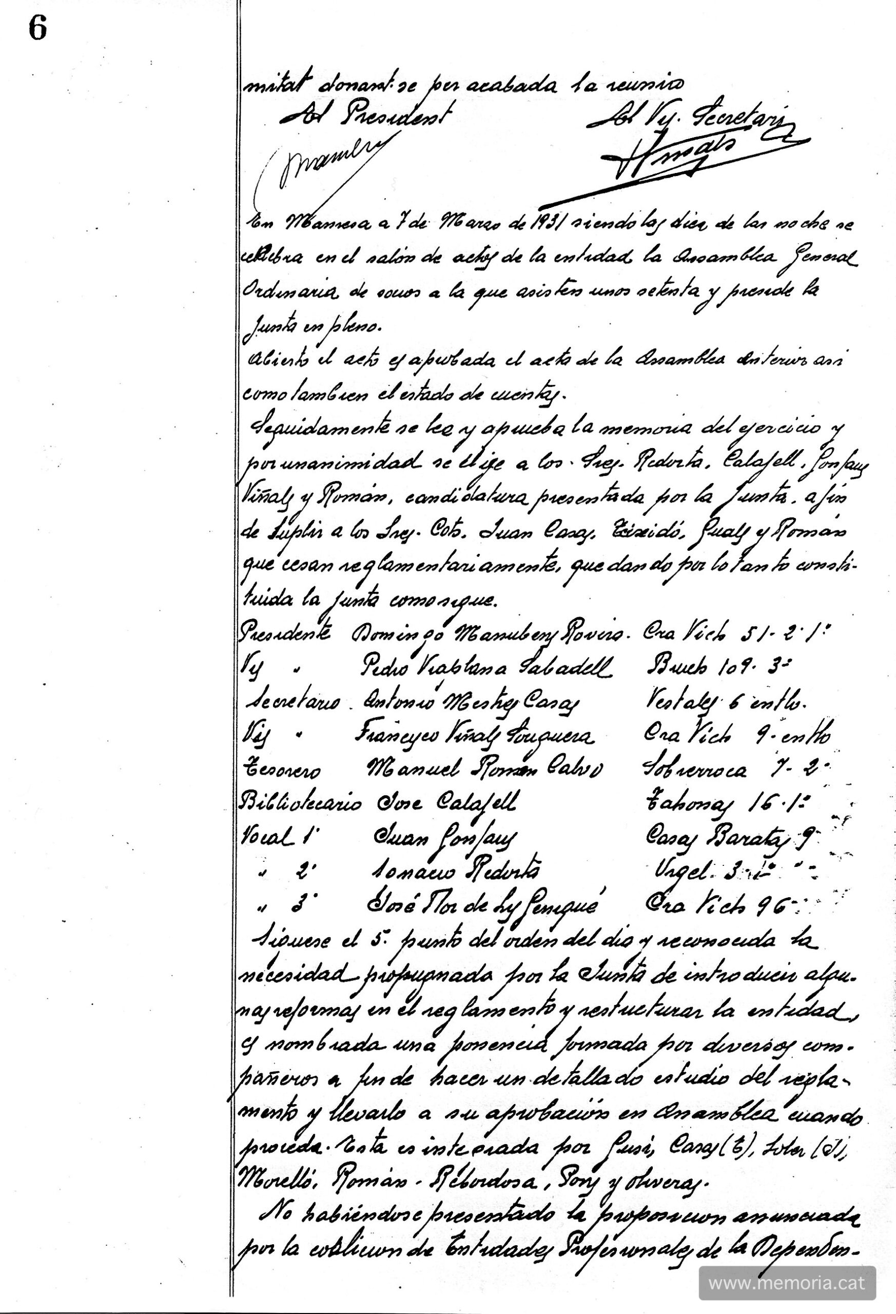 Viñals sots secretari de la junta de l’ADCI el 7 de març de 1931. (ACBG)