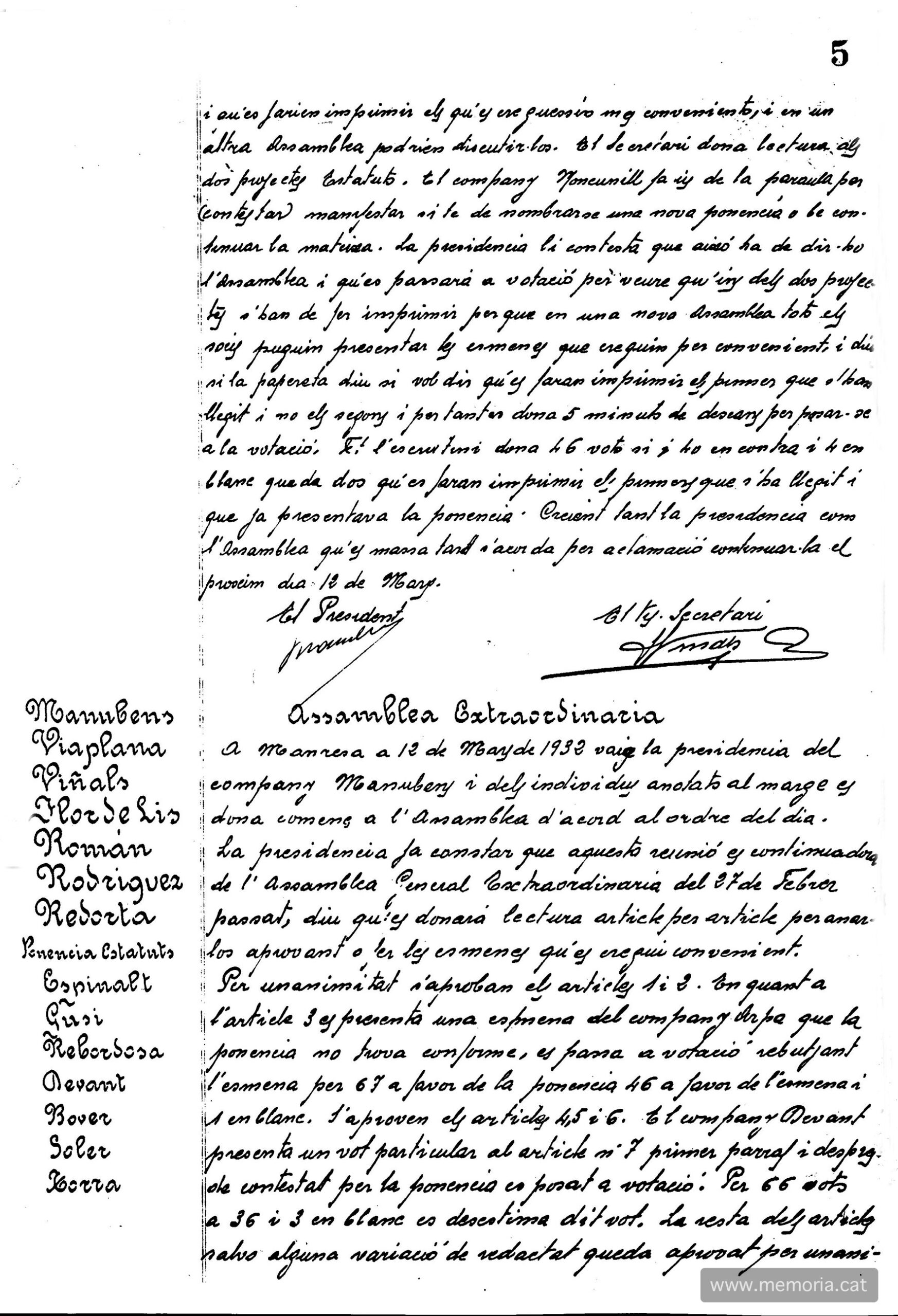 Acta de l’ADCI de 12 de març de 1932 amb els noms de la Junta i de la comissió estatutària. (ACBG)