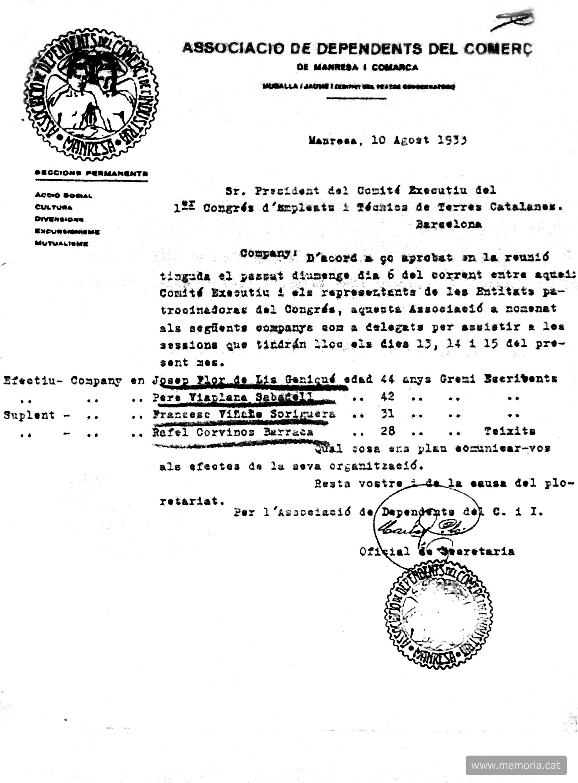ADCI. Delegats al 1r Congrés d’Empleats i Tècnics de Terres Catalanes. 13-15 d’agost de 1933. (ACBG)