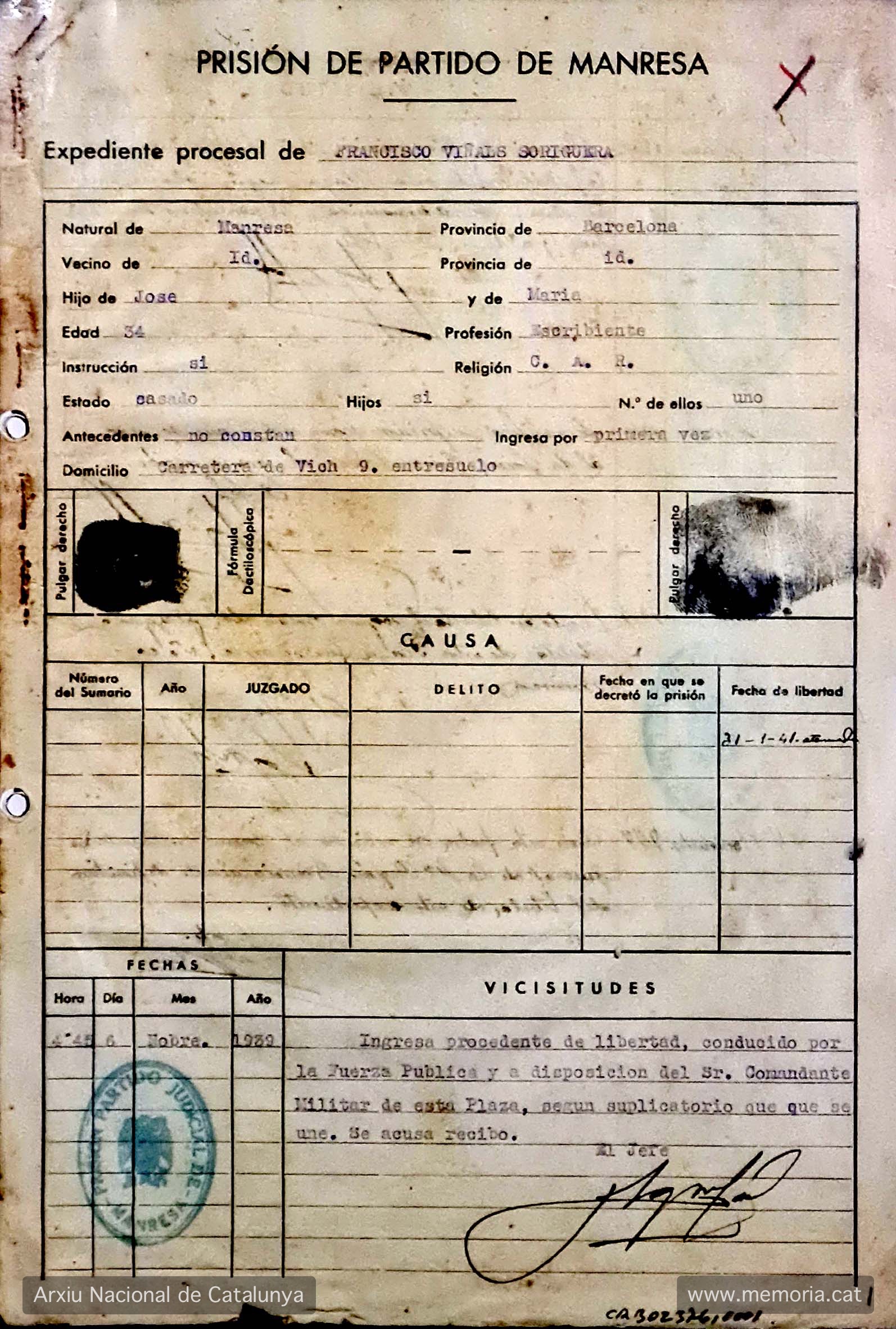 Ingrés a la presó de Manresa. Fitxa. 6 de novembre de 1939. (Arxiu Nacional de Catalunya)