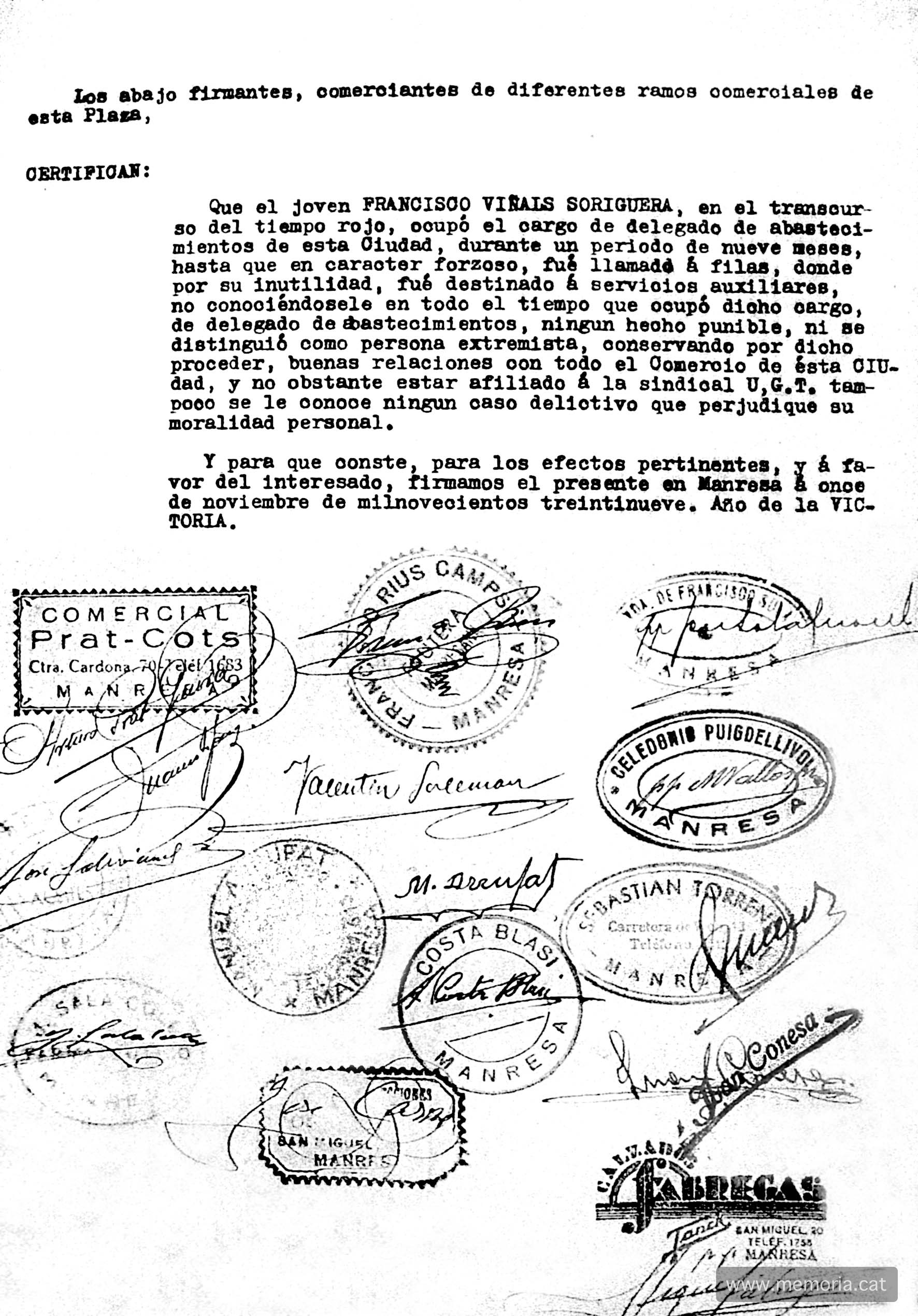 Testimonis de firmes comercials que signen a favor de Viñals. 11 de novembre de 1939. (Tribunal Militar Territorial Tercer)