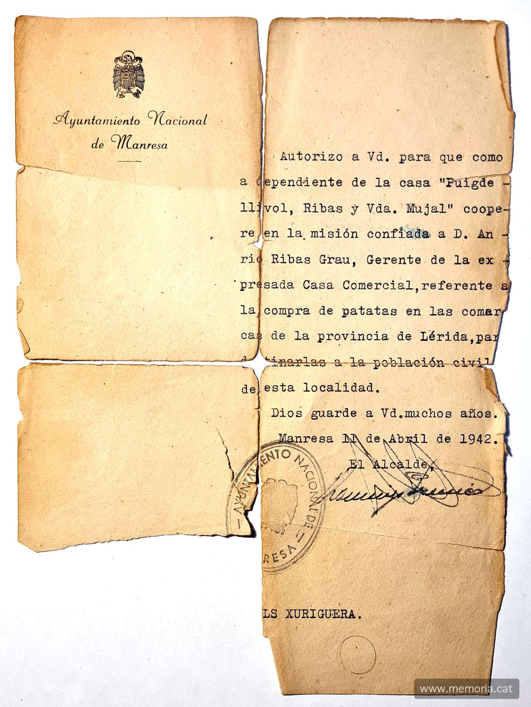 Document pel qual s’autoritza Viñals a anar a Lleida a comprar patates per a proveir Manresa. 11 d’abril de 1942. (Col·lecció familiar)