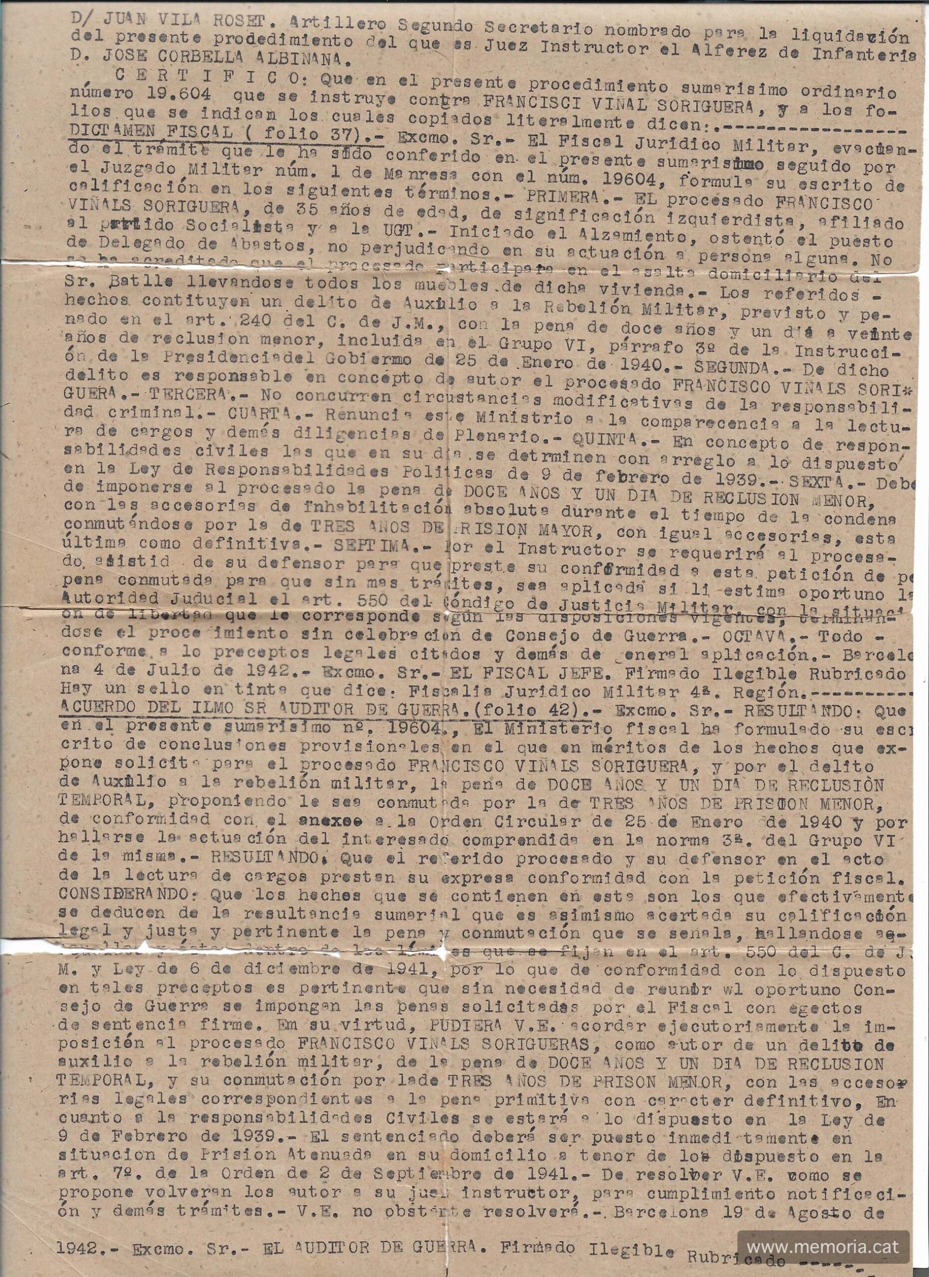 Sumaríssim 19.604, p. 1. 29/10/1942. La confirmació de la sentència. (Col·lecció familiar)