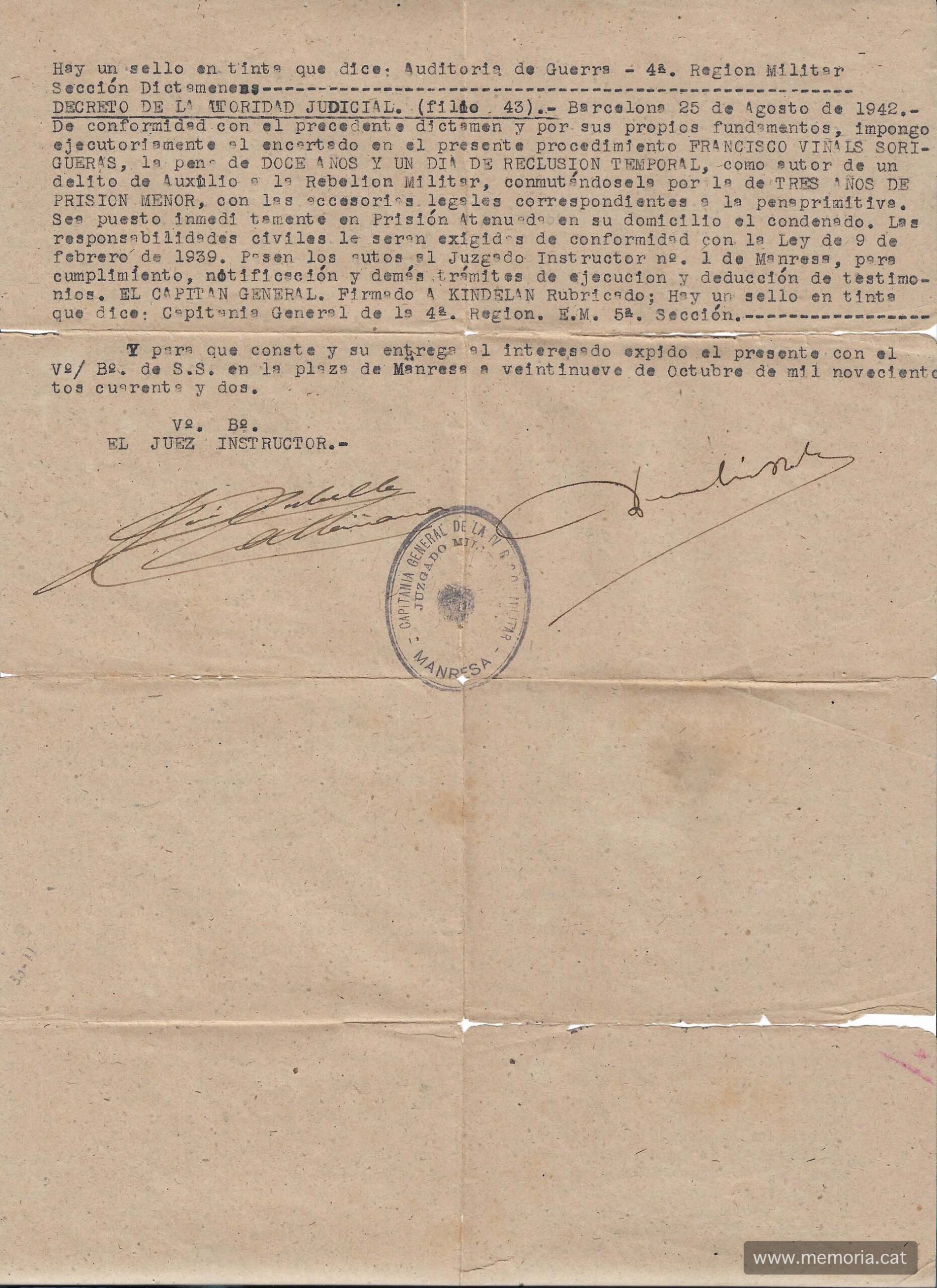 Sumaríssim 19.604, p. 2. 29/10/1942. La confirmació de la sentència. (Col·lecció familiar)