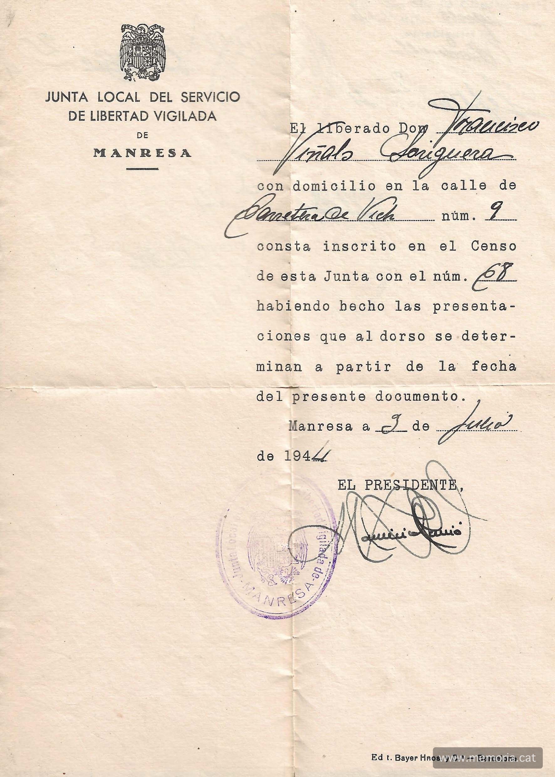 Document datat el 3 de juliol de 1944 de la Junta Local del Servicio de Libertad Vigilada de Manresa amb les presentacions fetes per Viñals, p. 1. (Col·lecció familiar).
