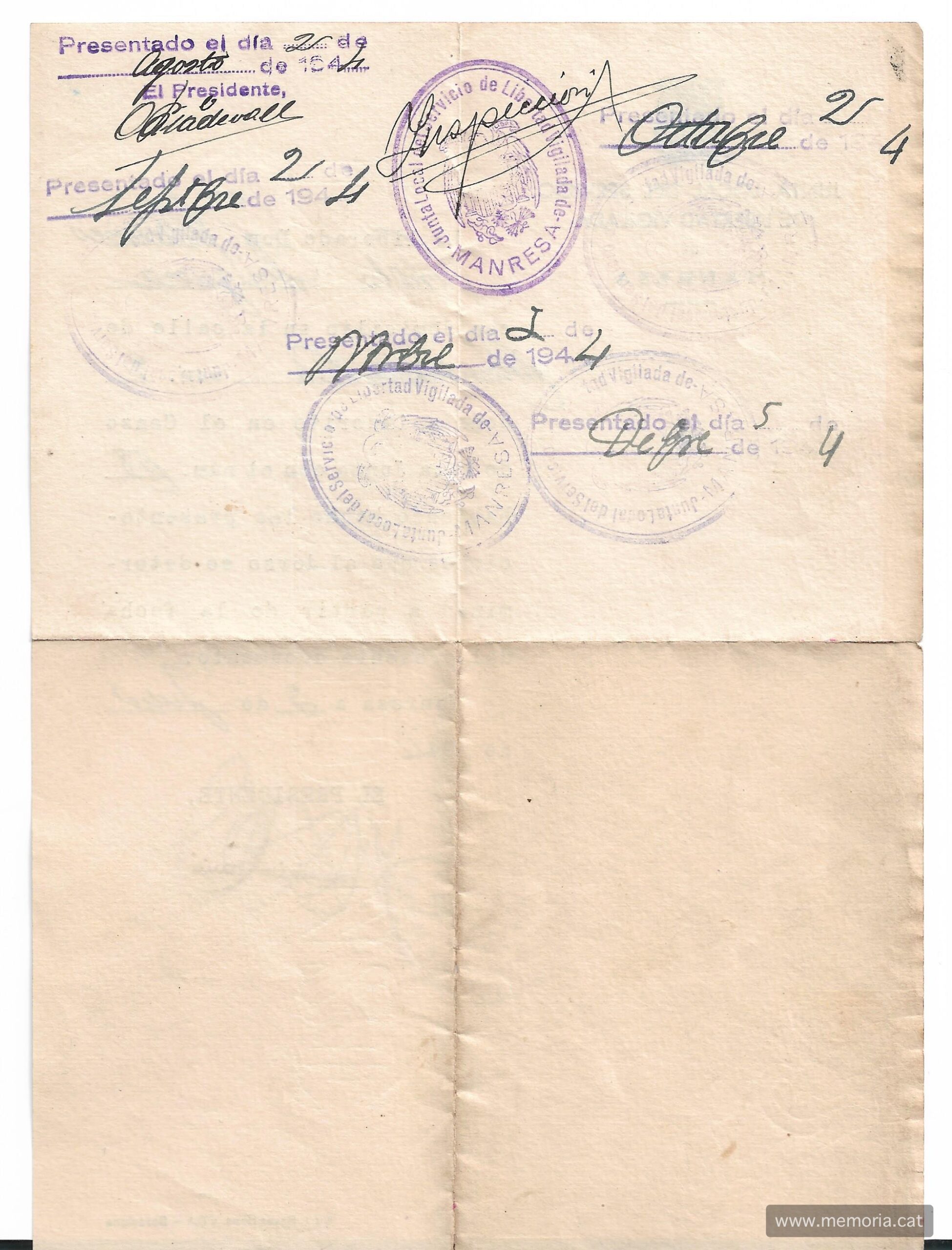 Document datat el 3 de juliol de 1944 de la Junta Local del Servicio de Libertad Vigilada de Manresa amb les presentacions fetes per Viñals, p. 2. (Col·lecció familiar)