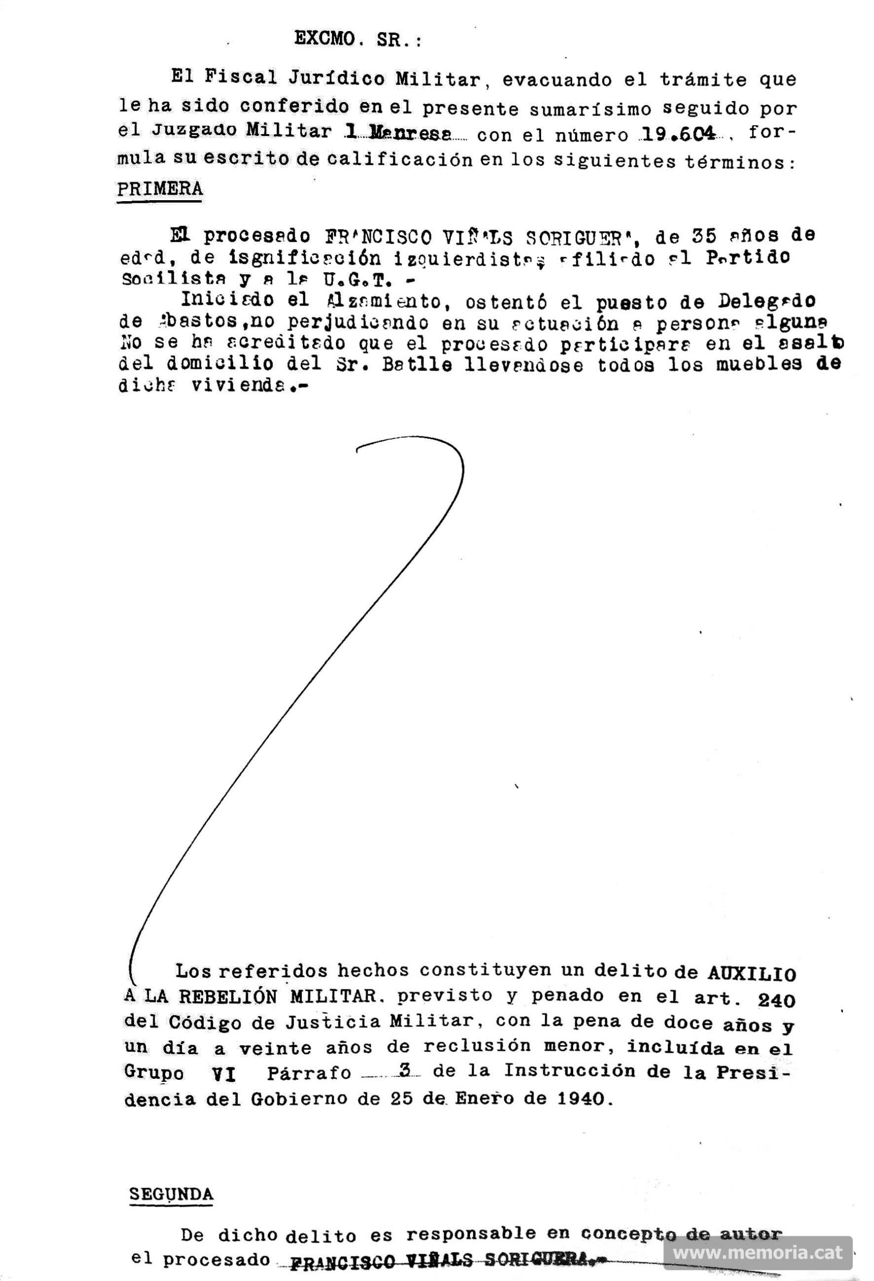 Sumaríssim 19604. 4/7/1942. La petició del fiscal. (Col·lecció familiar).