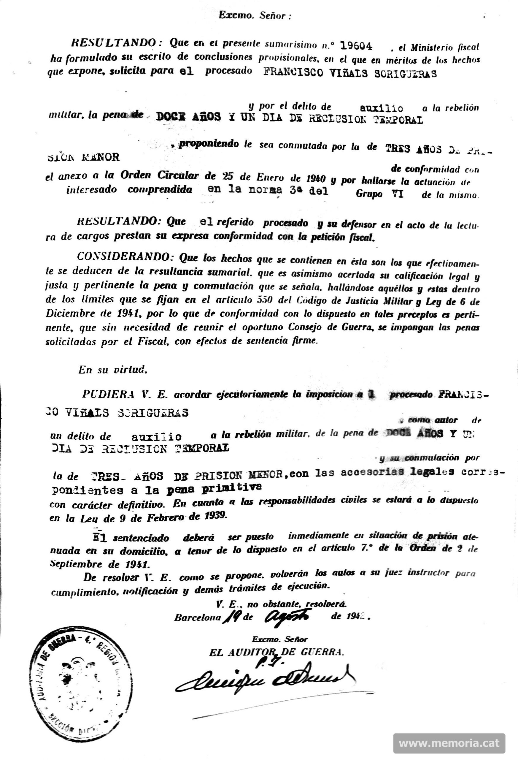 Sumaríssim 19604. 25/8/1942. La condemna. (Col·lecció familiar).