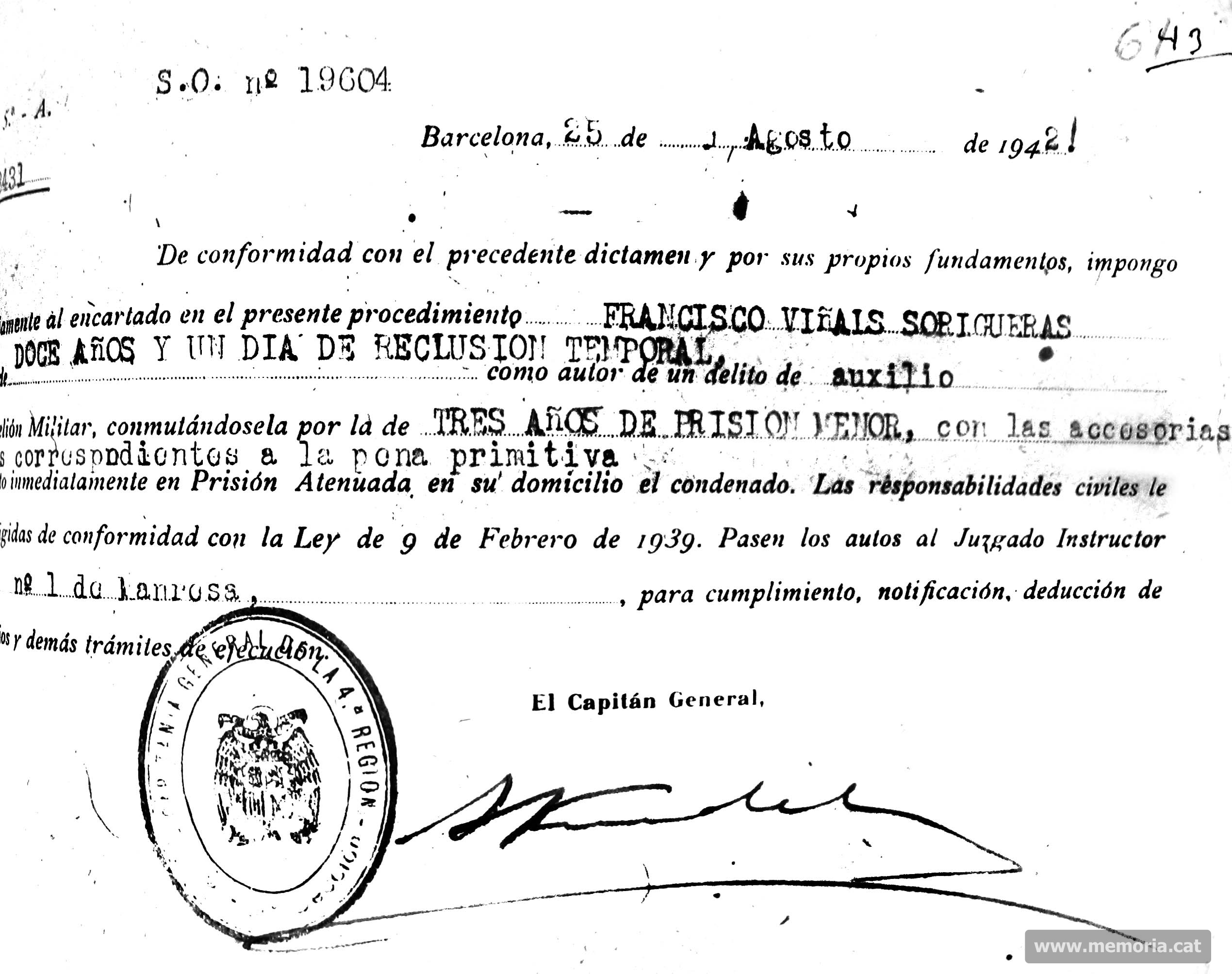Sumaríssim 19604. 25/8/1942. La condemna. (Col·lecció familiar).
